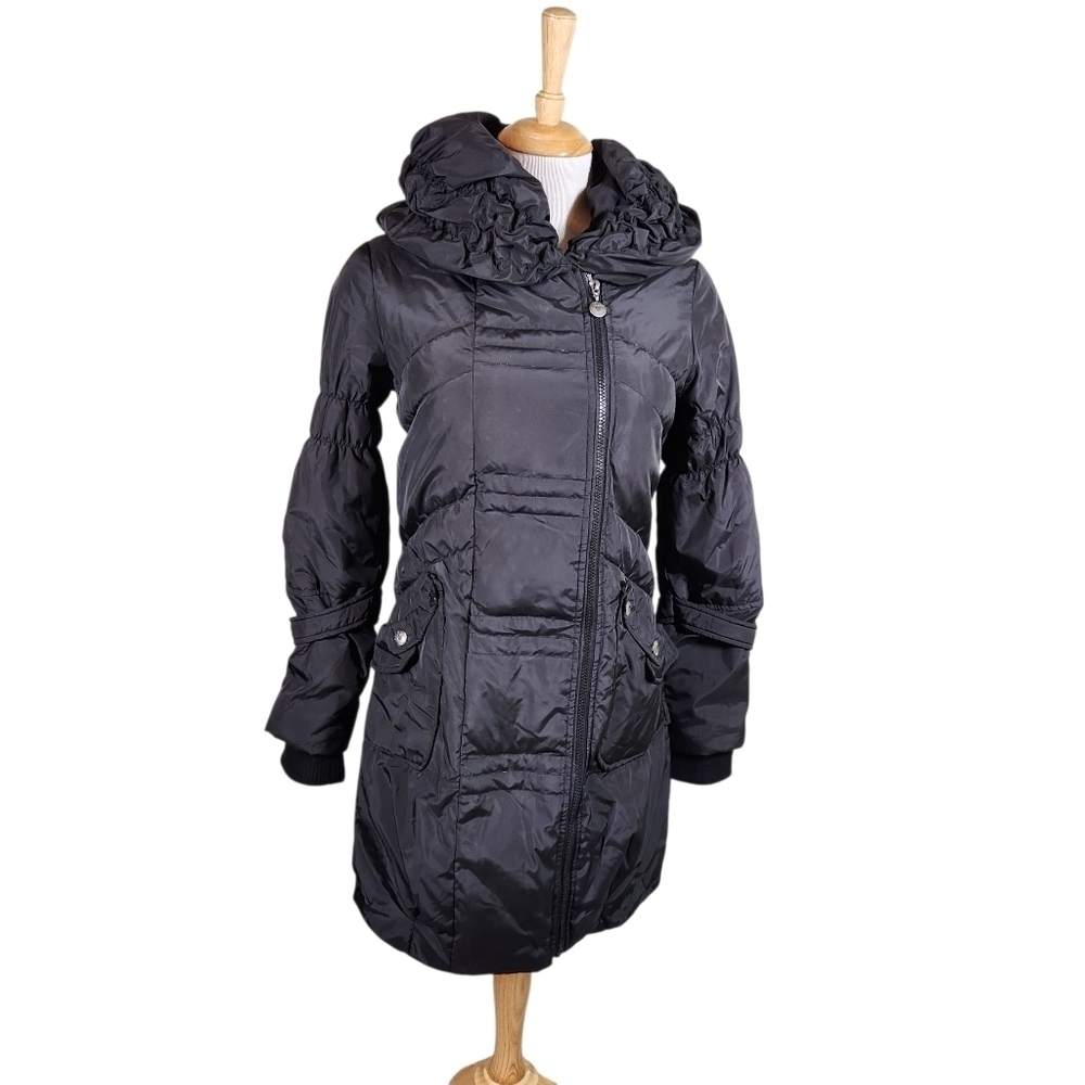 BETSEY JOHNSON Black Puffer Jacket/ Coat with Leopard Print Lining XSmall
